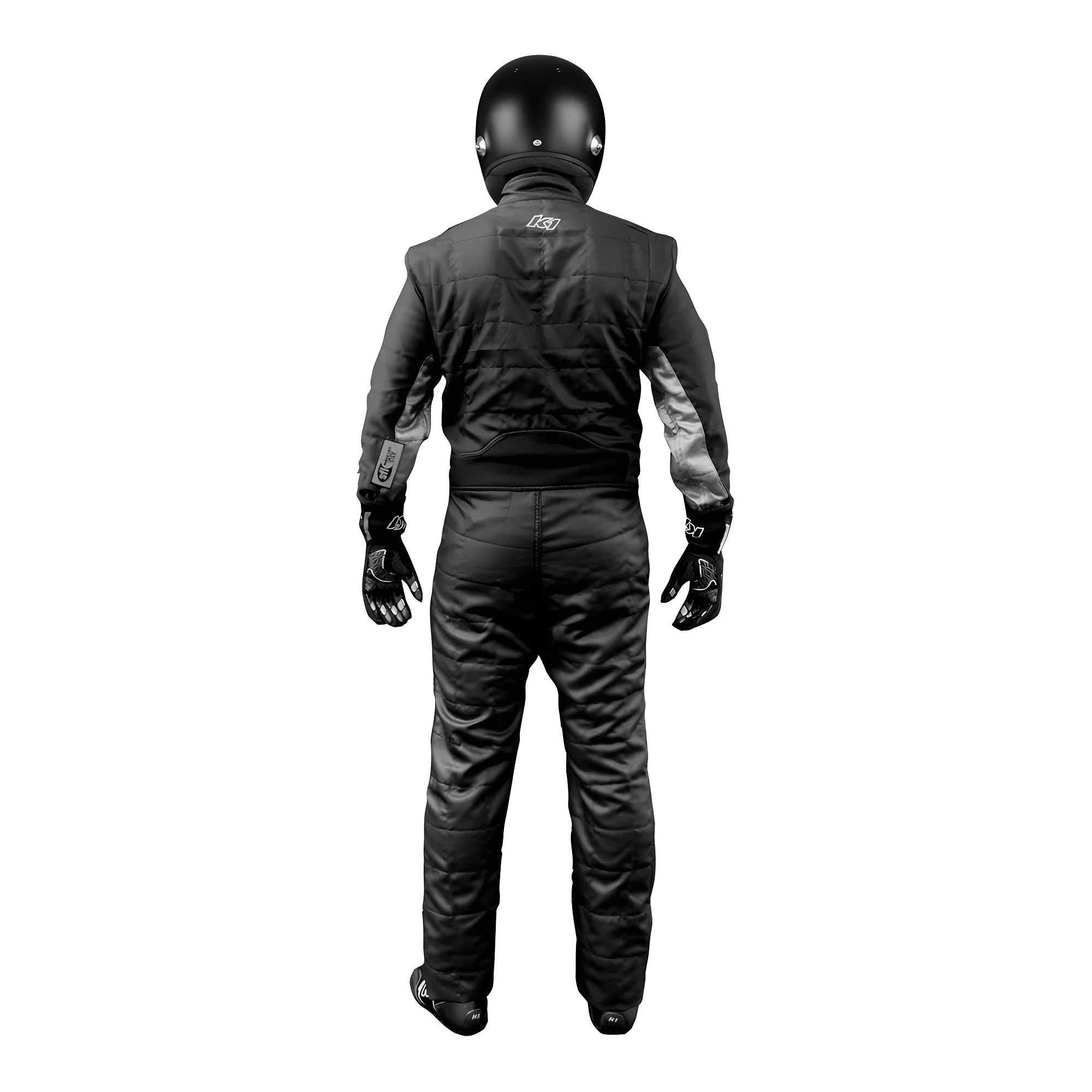 The back of the black and grey K1 RaceGear Outlaw One-Piece Racing Suit.