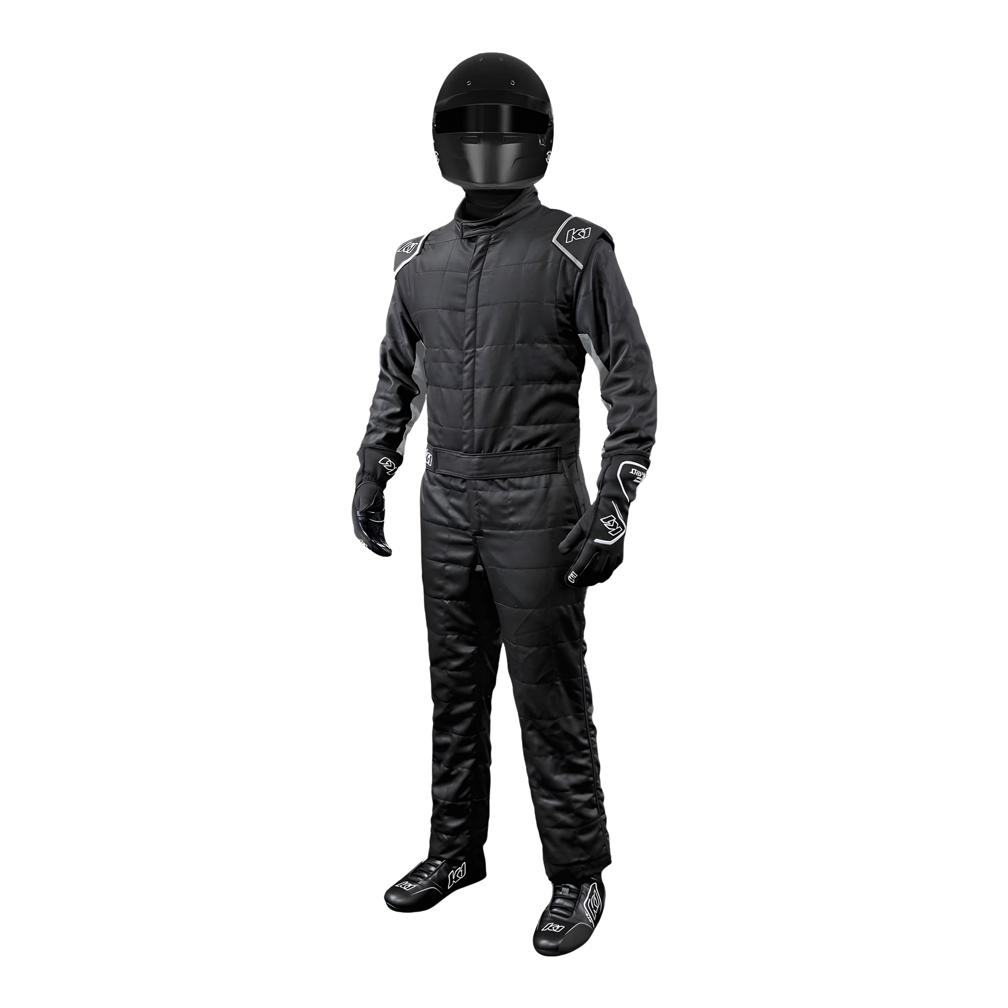 The front of the black and grey K1 RaceGear Outlaw One-Piece Racing Suit.
