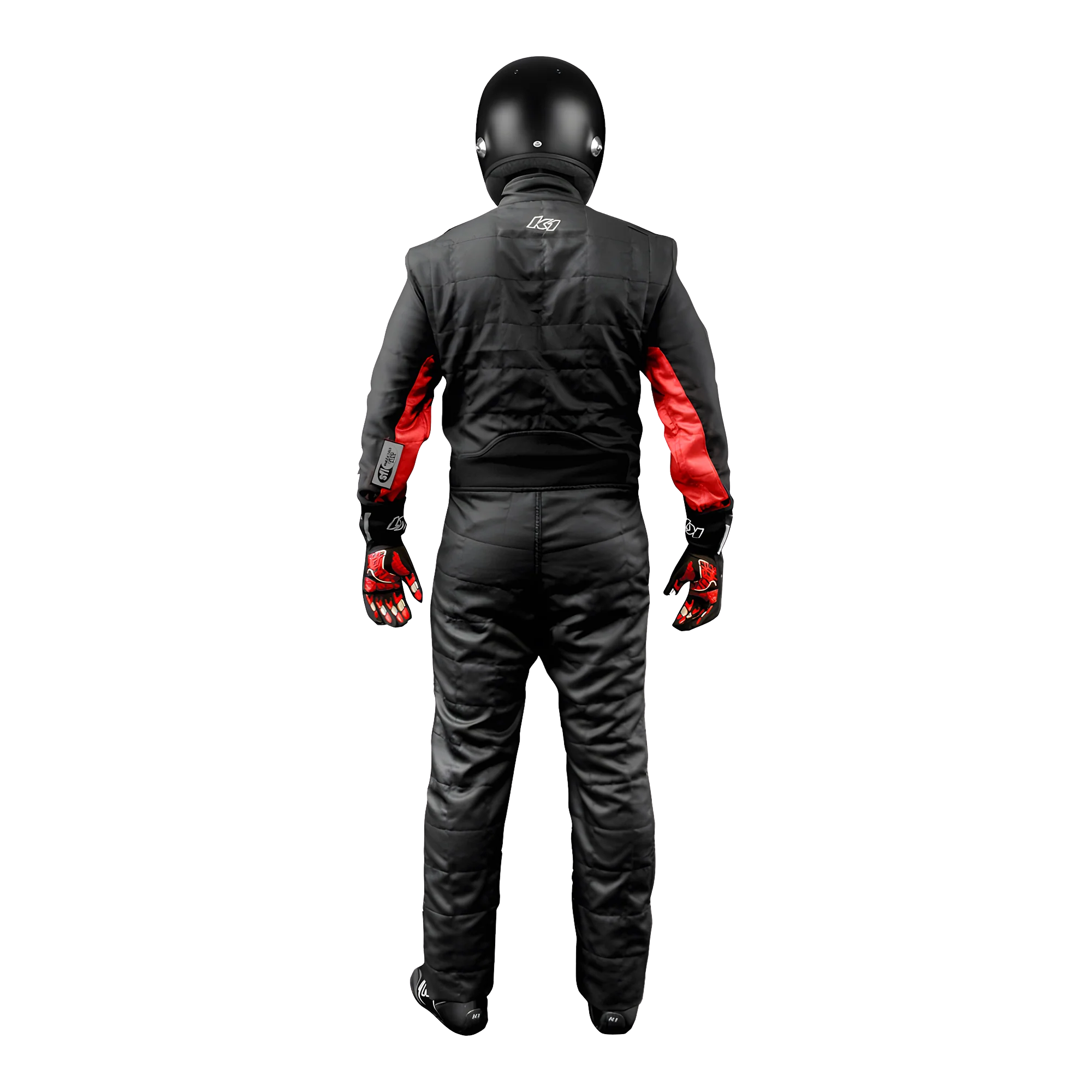 The back of the black and red K1 RaceGear Outlaw One-Piece Racing Suit.