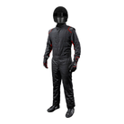The front of the black and red K1 RaceGear Outlaw One-Piece Racing Suit.