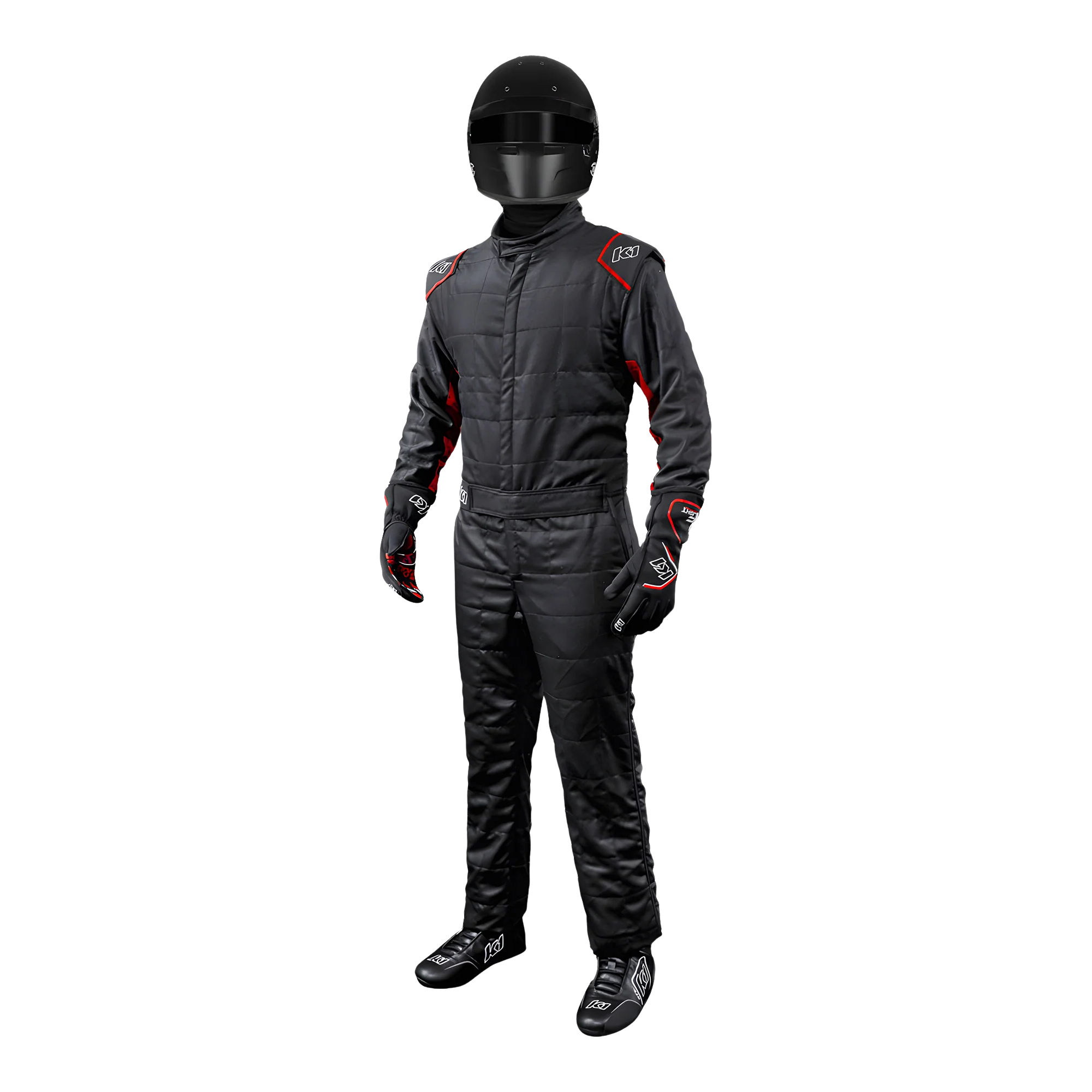 The front of the black and red K1 RaceGear Outlaw One-Piece Racing Suit.