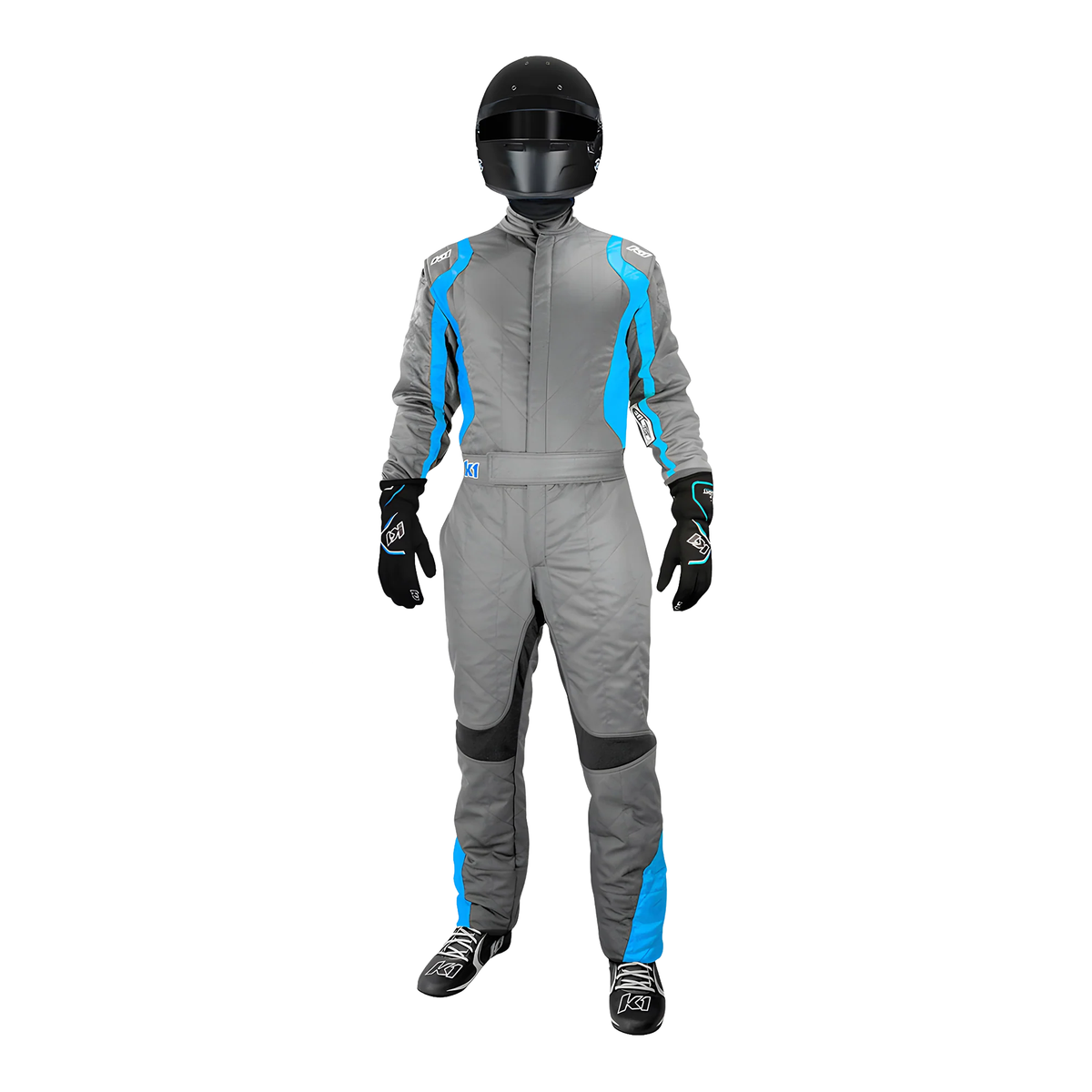 The front of the gray and blue SFI 3.2A/5 homologated K1 RaceGear Precision II SFI Racing Suit.
