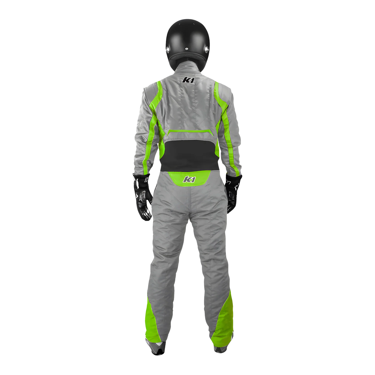 The back of the gray and green SFI 3.2A/5 homologated K1 RaceGear Precision II SFI Racing Suit.