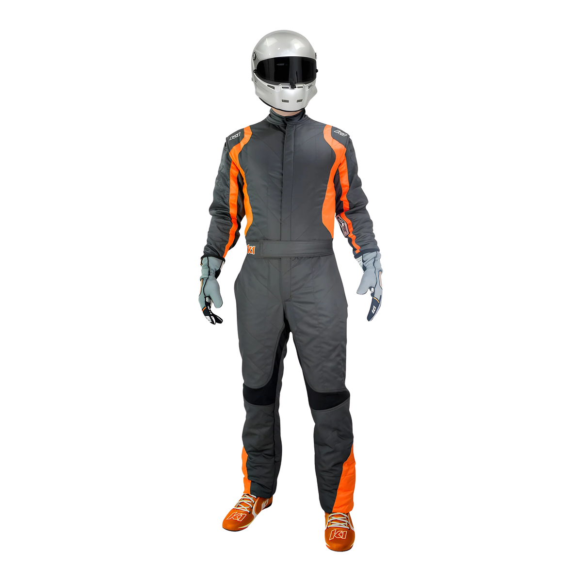 The front of the orange SFI 3.2A/5 homologated K1 RaceGear Precision II SFI Racing Suit.