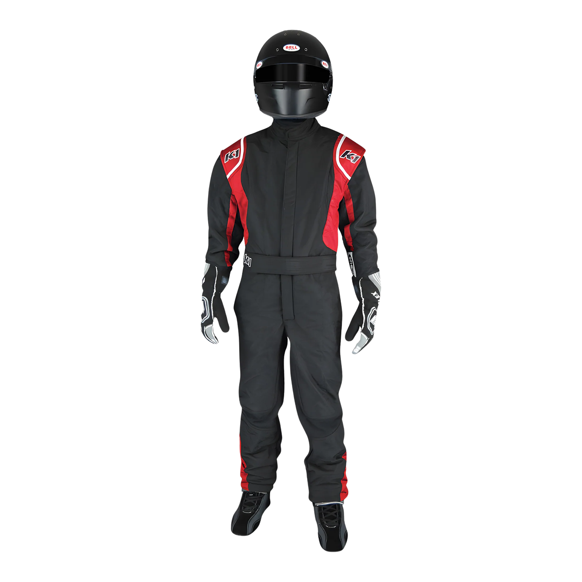 The front of the red SFI 3.2A/5. homologated K1 RaceGear Precision II SFI Youth Racing Suit.