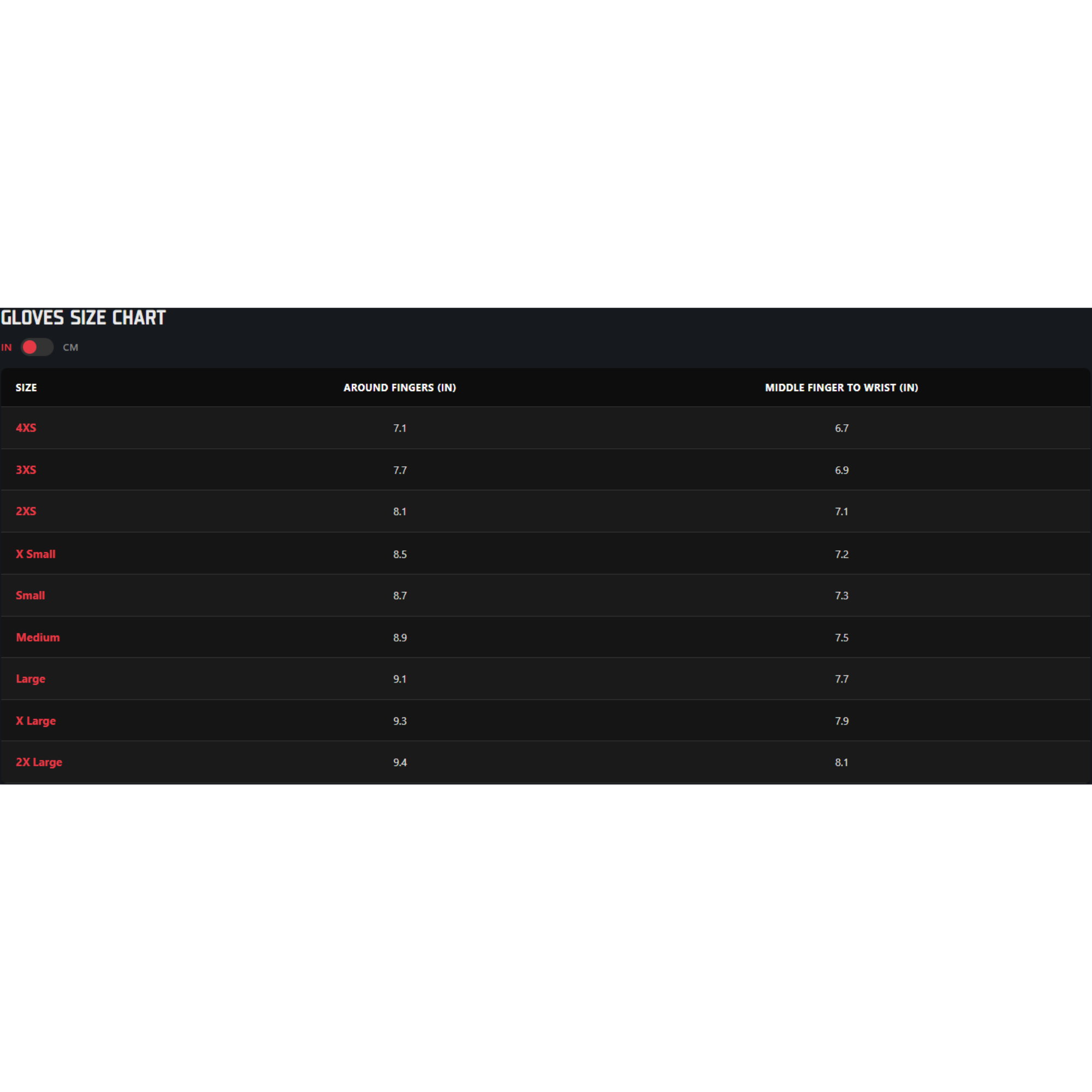 The size chart (sizing guide) for K1 Racegear racing gloves in inches. all-groups