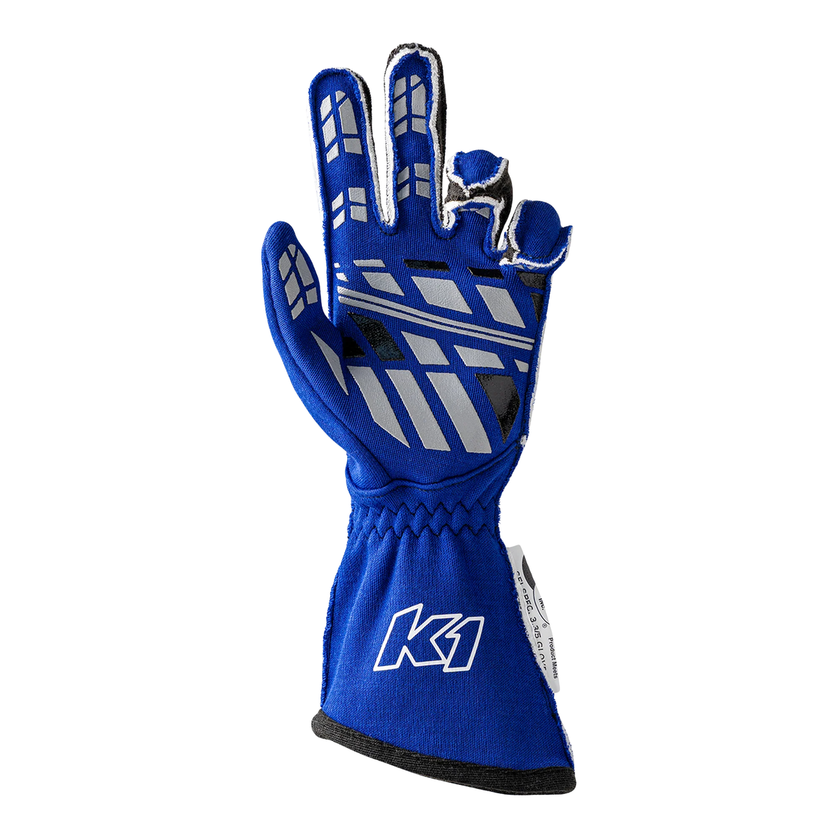 The palm of the blue SFI 3.3/5 homologated K1 RaceGear Track 1 Nomex Racing Gloves.