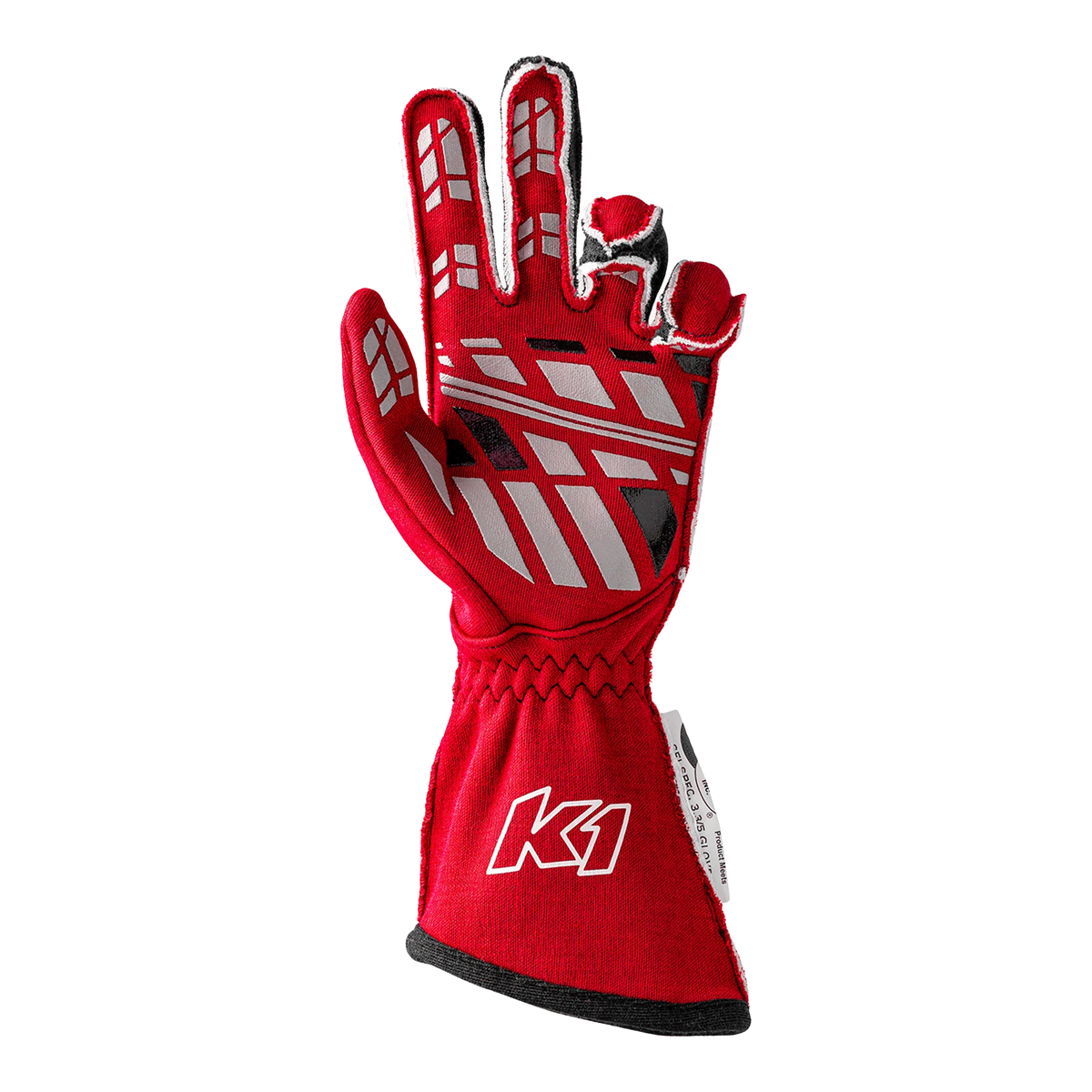 The palm of the red SFI 3.3/5 homologated K1 RaceGear Track 1 Nomex Racing Gloves.
