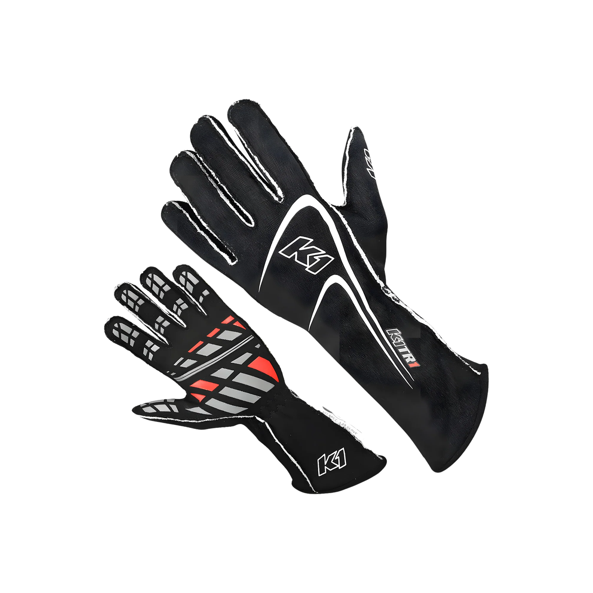 The black SFI 3.3/5 homologated K1 RaceGear Track 1 Youth Nomex Racing Gloves.