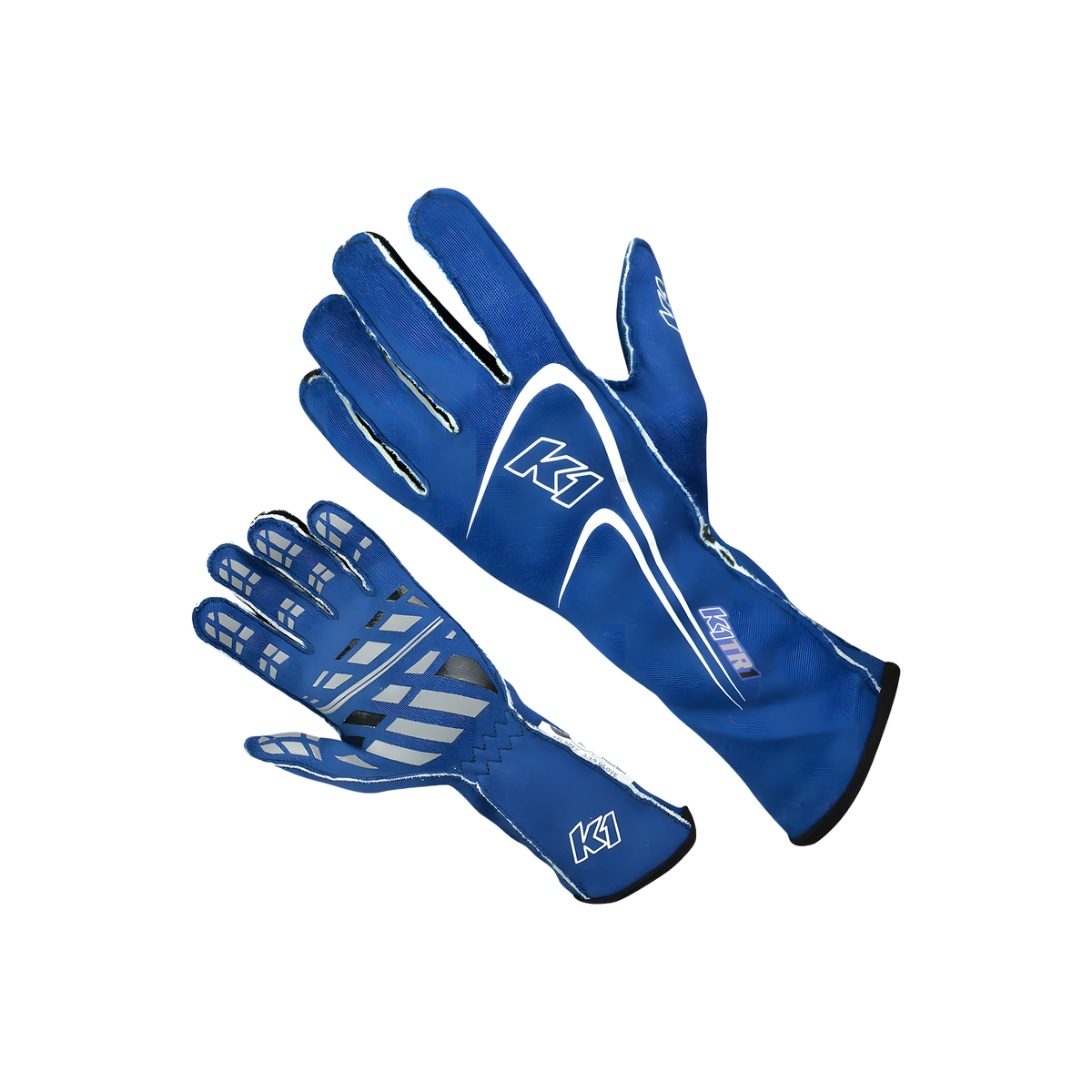 The blue SFI 3.3/5 homologated K1 RaceGear Track 1 Youth Nomex Racing Gloves.
