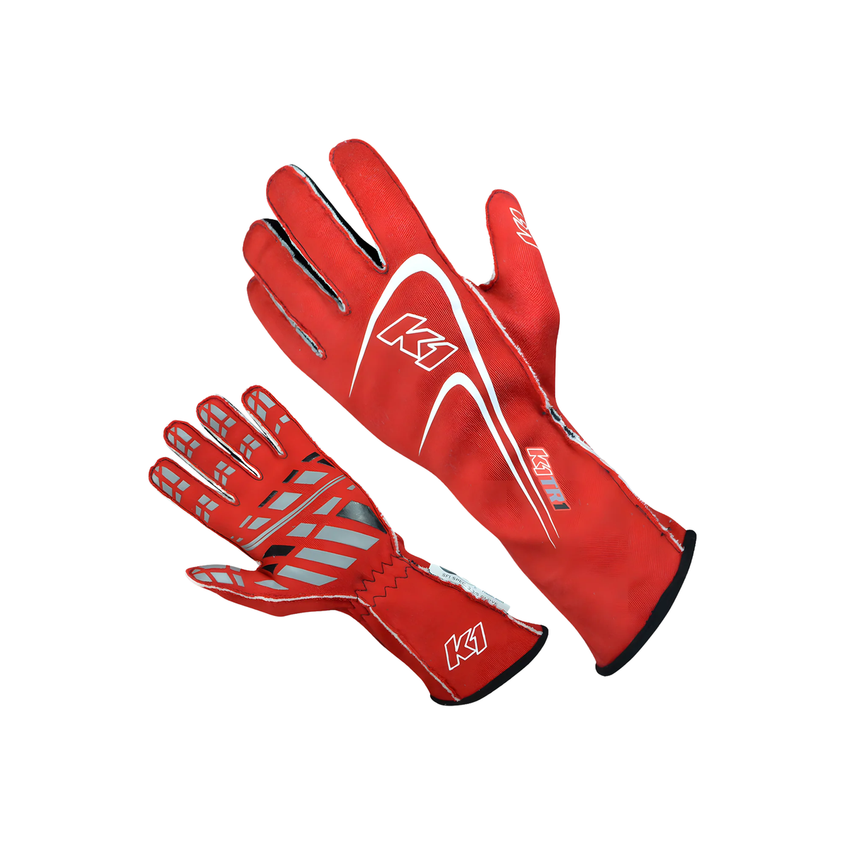 The red SFI 3.3/5 homologated K1 RaceGear Track 1 Youth Nomex Racing Gloves.
