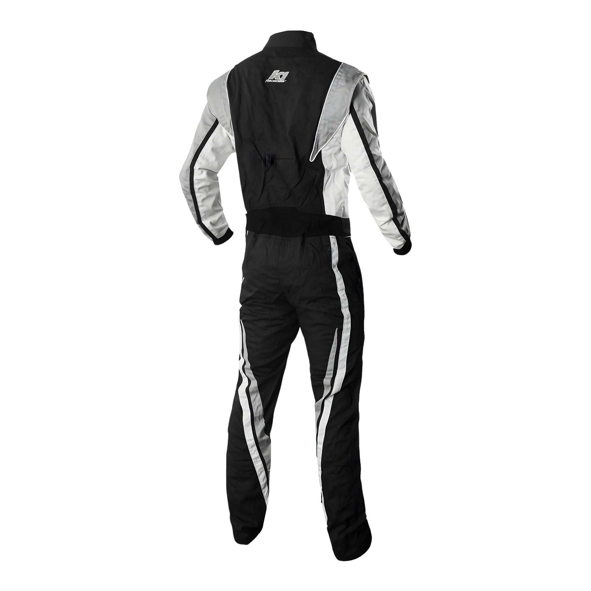 The back of the black, white and grey K1 Race Gear Victory SFI Racing Suit.