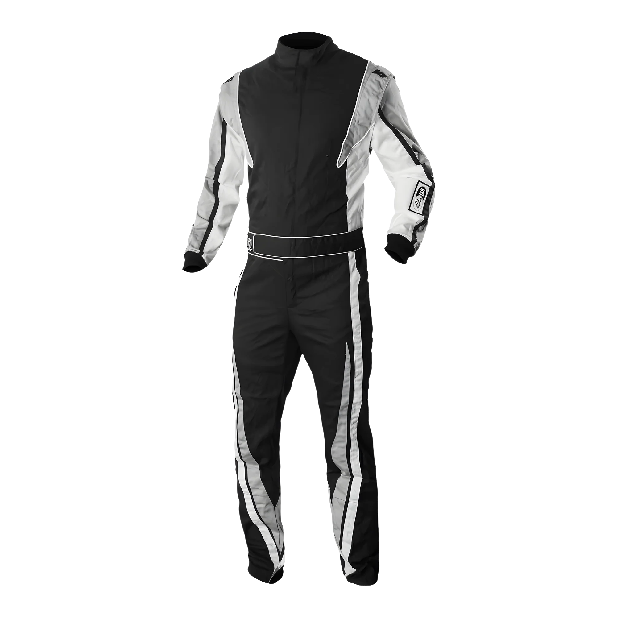 The front of the black, white and grey K1 Race Gear Victory SFI Racing Suit.