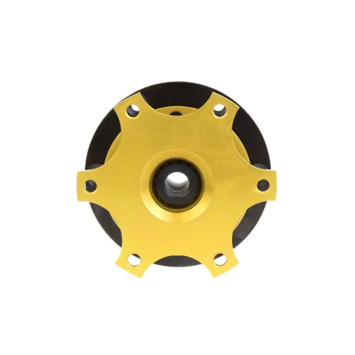 The front of the 6-Point Gold, Bolt On Lifeline FIA Steering Wheel Quick Release.