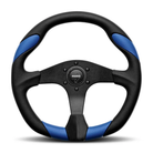 The black and blue Momo Quark Steering Wheel.