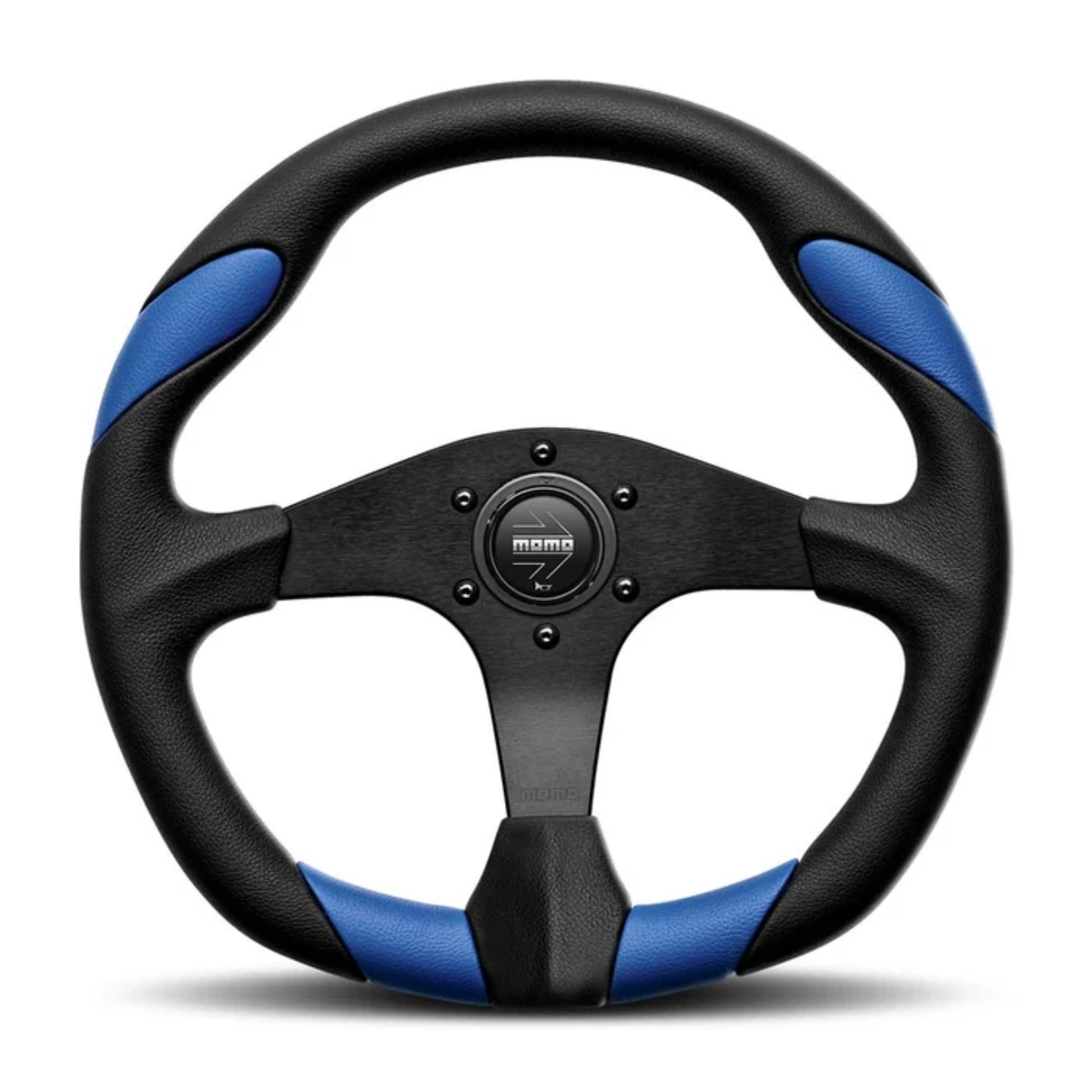 The black and blue Momo Quark Steering Wheel.