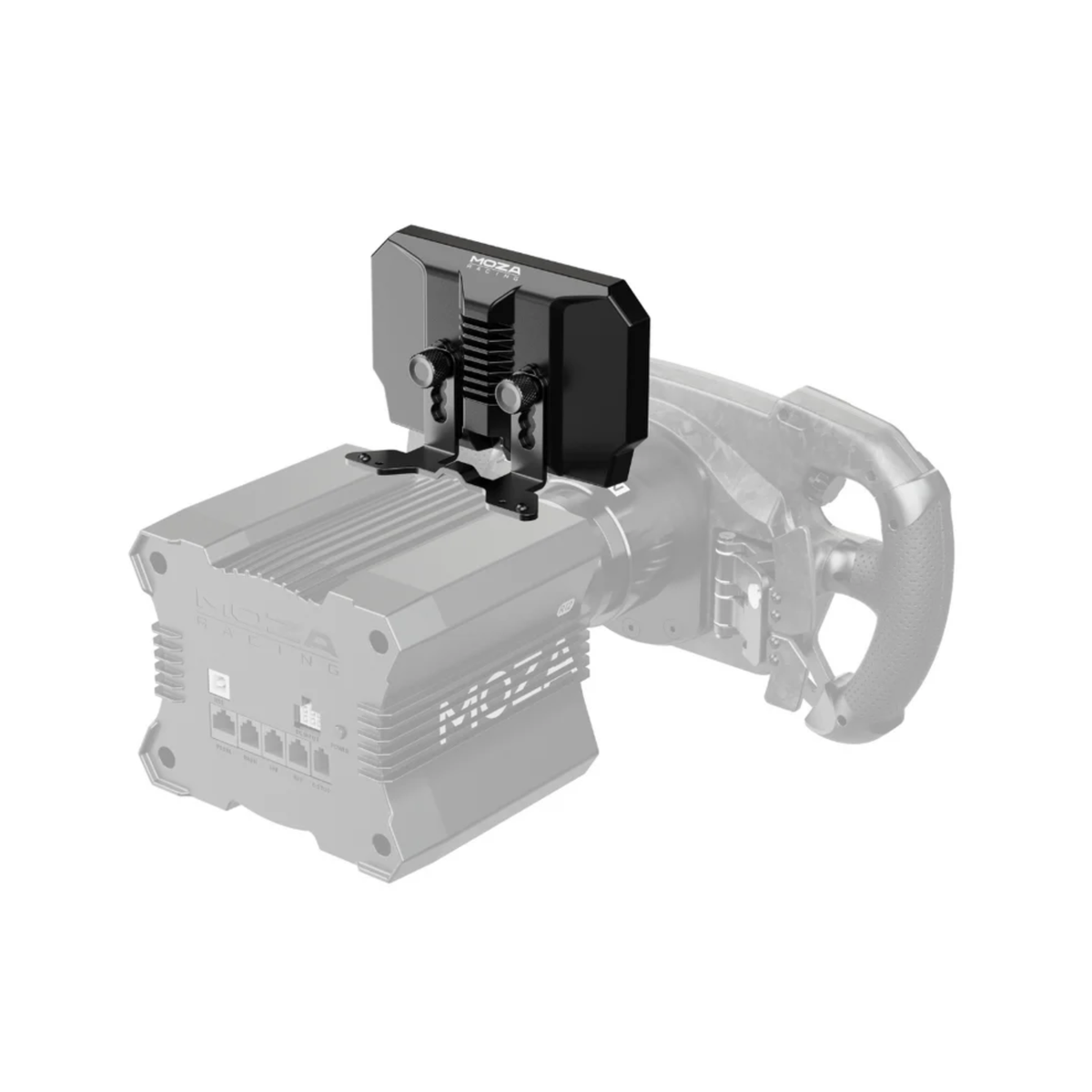 The Moza Racing CM2 Dash on top of a sim racing wheel base diagram.