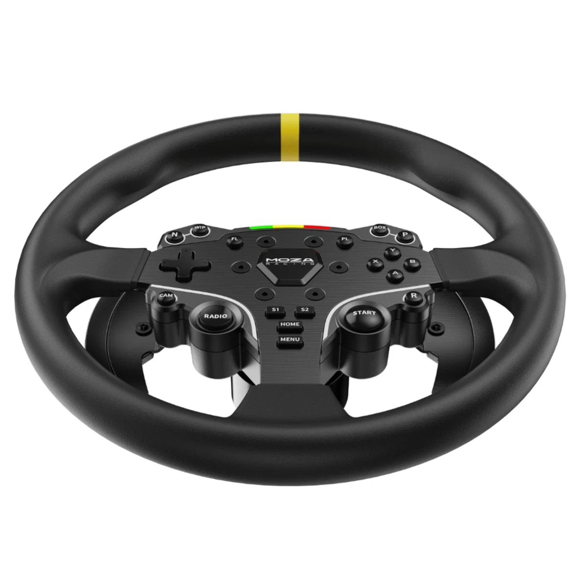 The Moza Racing ES 12 Inch Steering Wheel Mod with a sim racing wheel shown at an angle.