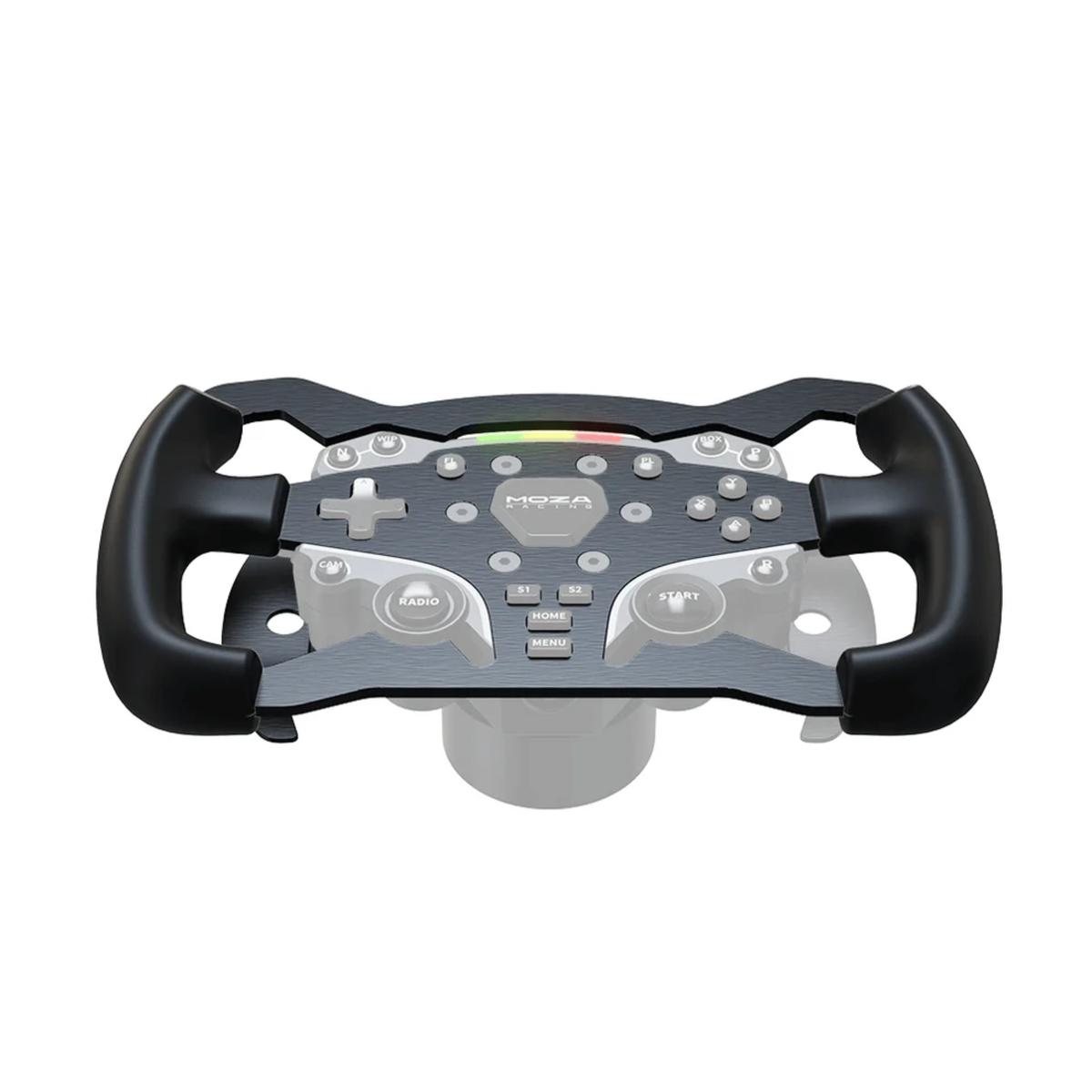 The Moza Racing ES Formula Steering Wheel Mod on a Moza ES Sim Racing Steering Wheel at an angle.
