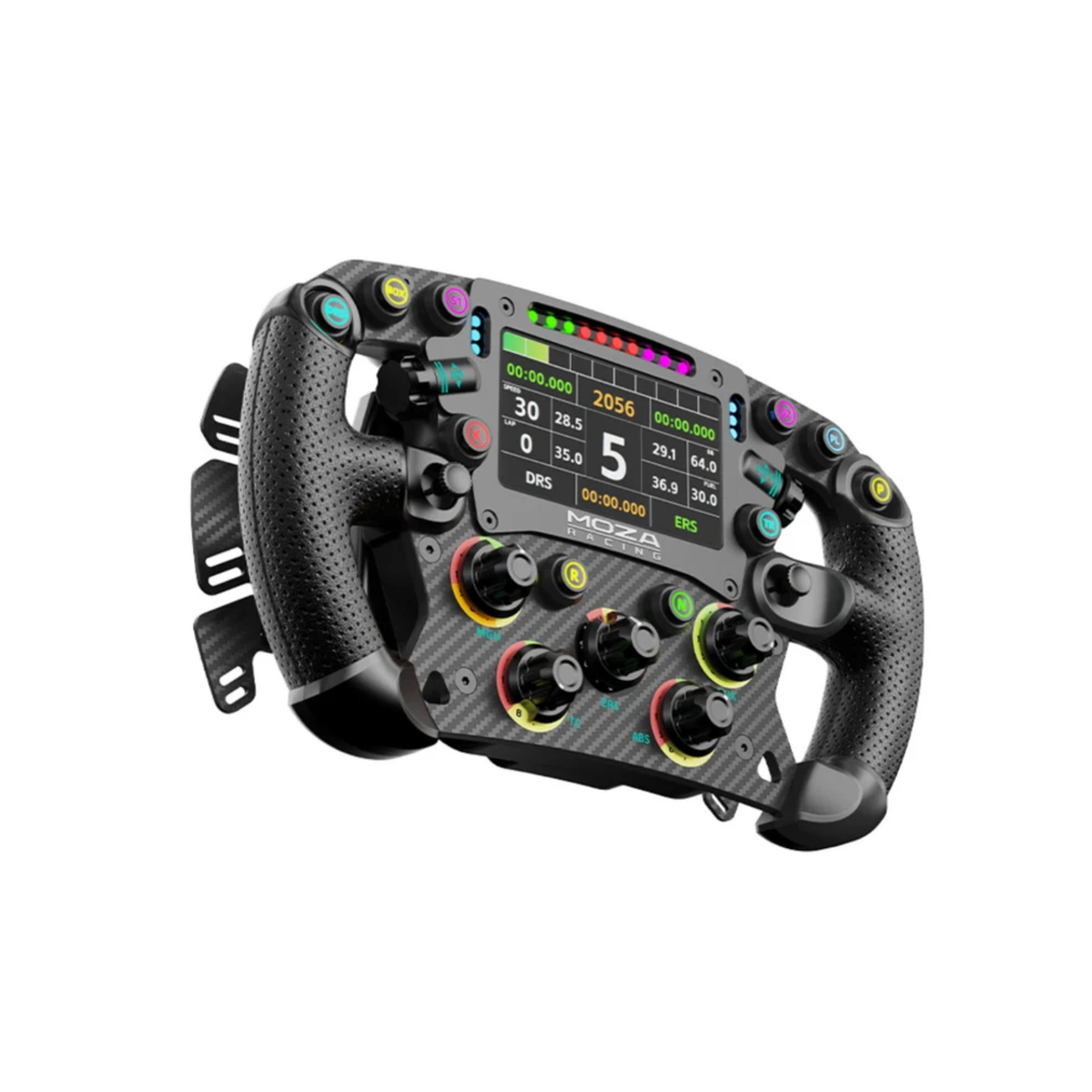 The Moza Racing FSR 2 Formula Steering Wheel at an angle.