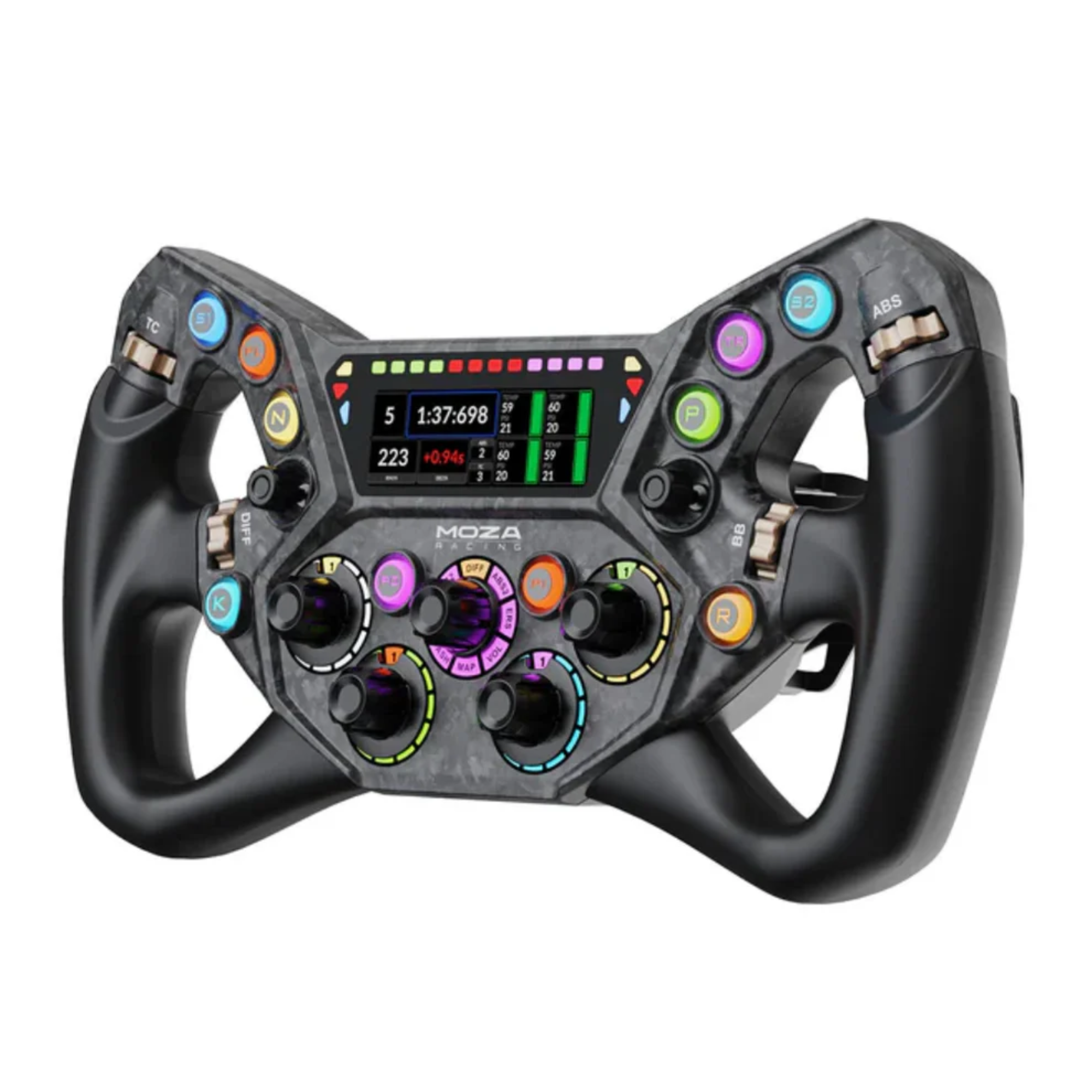 The Moza Racing KS Steering Wheel at an angle.