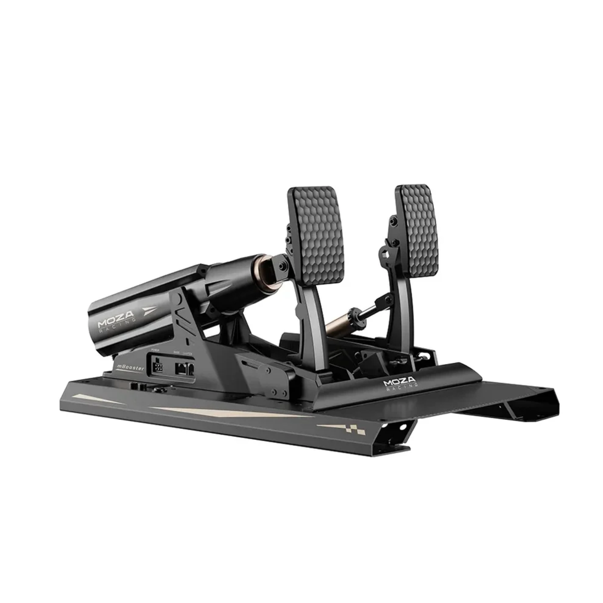 The Moza Racing mBooster Active Pedal base set with CRP2 throttle.