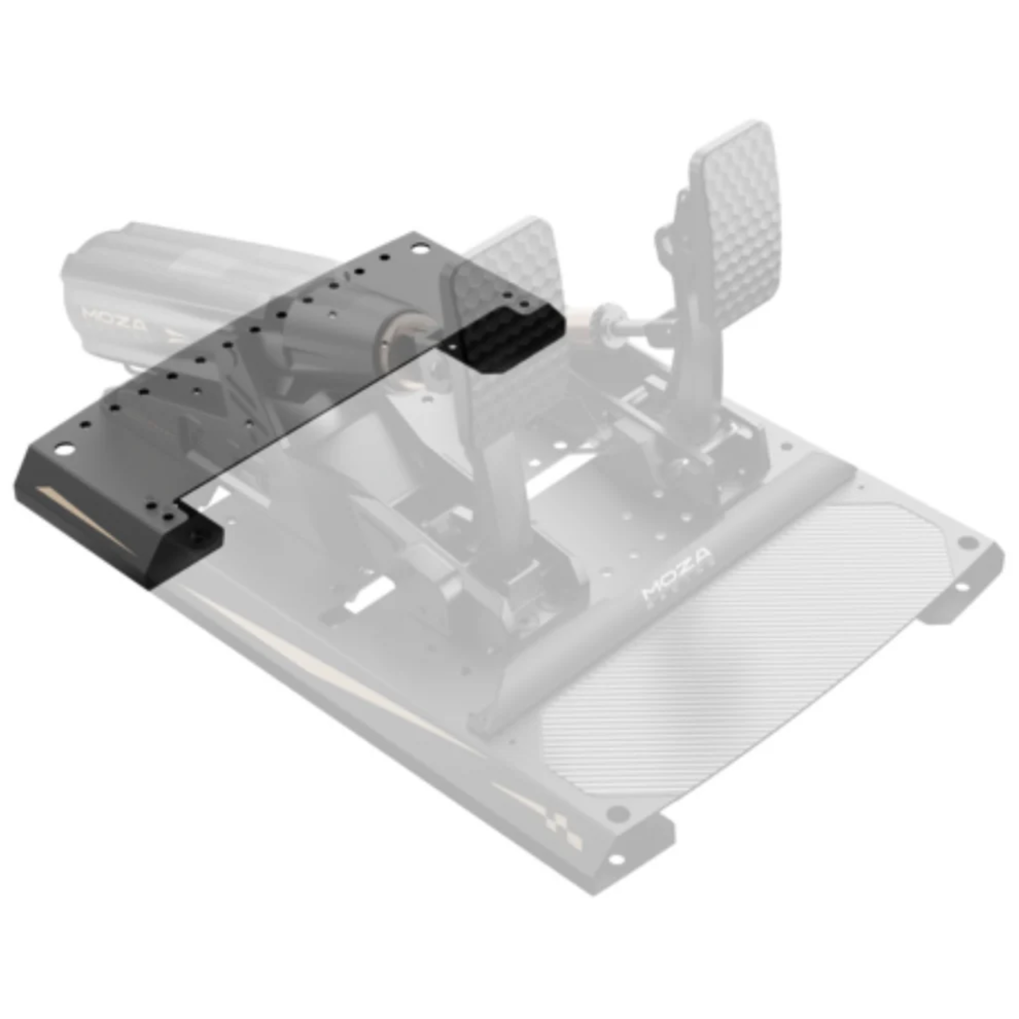 The Moza Racing mBooster Base Extension Plate for CRP2 Pedals with pedals, showing how the plate works.