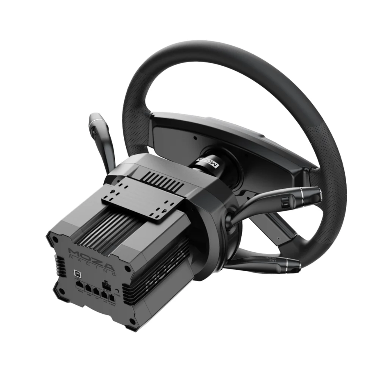 The Moza Racing Multi-Function Stalks with a sim racing steering wheel shown from the back.