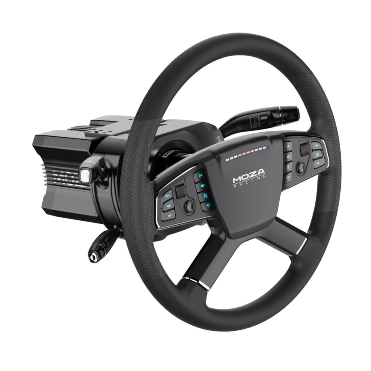 The Moza Racing Multi-Function Stalks with a sim racing steering wheel.