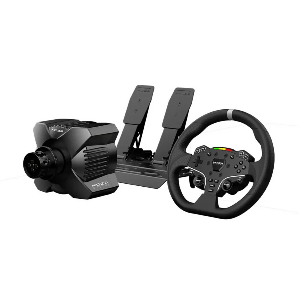 The wheelbase, pedals and wheel from the Moza Racing R3 PC Sim Racing Bundle.