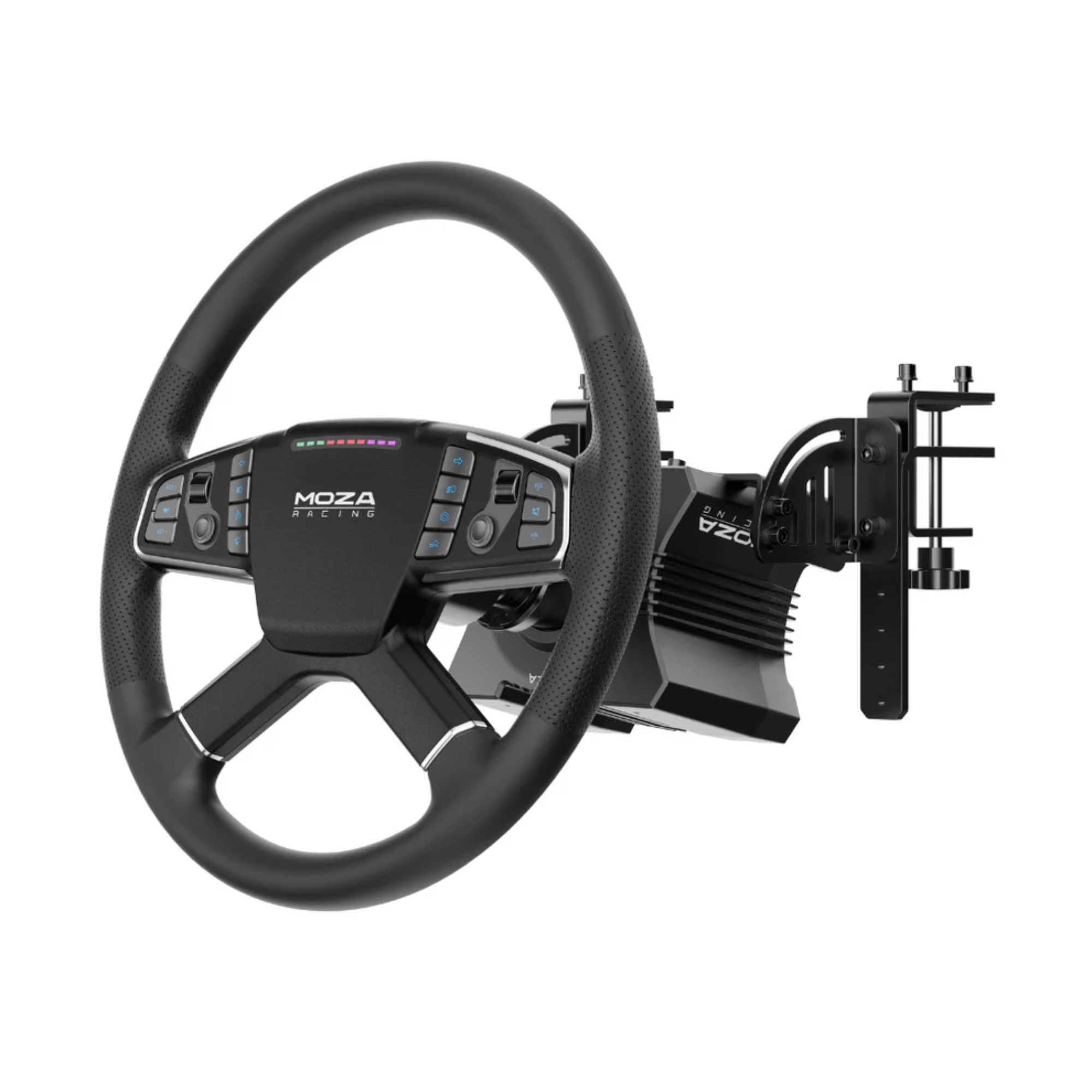 The steering wheel from the Moza Racing R5 Truck Driving Bundle from the side.