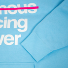 The front of the light blue Not Famous Racing Driver Hoodie from Not Famous Racing Apparel close up.