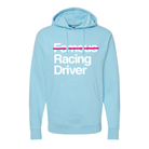 The front of the light blue Not Famous Racing Driver Hoodie from Not Famous Racing Apparel.