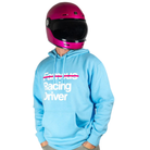 The front of the light blue Not Famous Racing Driver Hoodie from Not Famous Racing Apparel worn by a model.