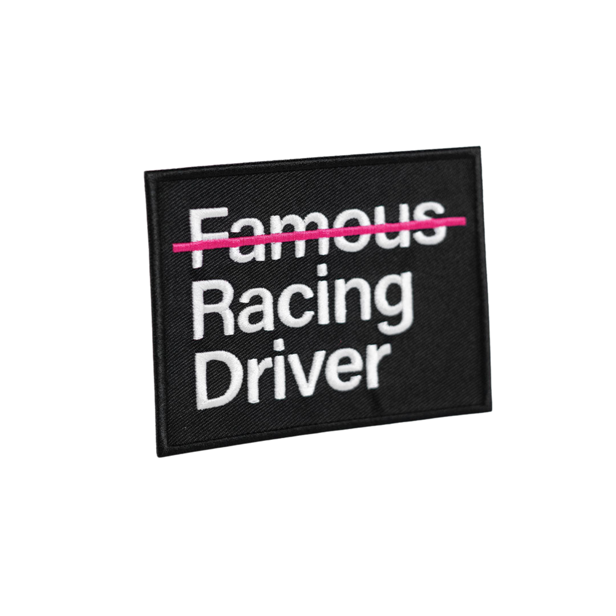 The black NFRD (Not Famous Racing Driver) Patch from Not Famous Racing Apparel with white text and a pink strike-through.