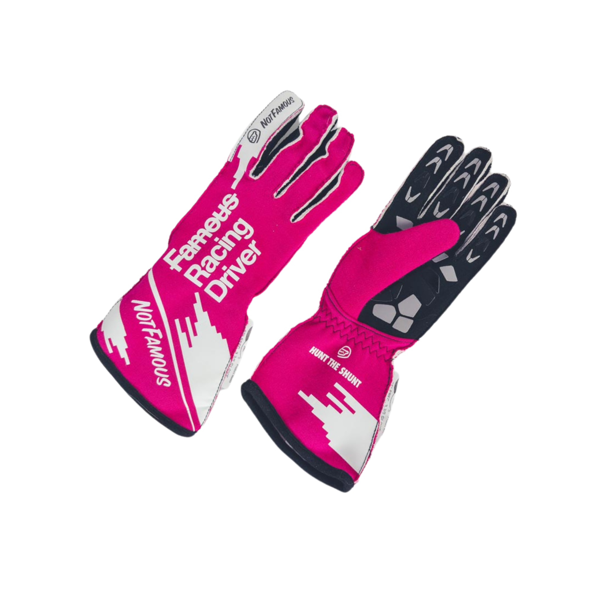 The pink and white Not Famous Racing Driver Gloves.