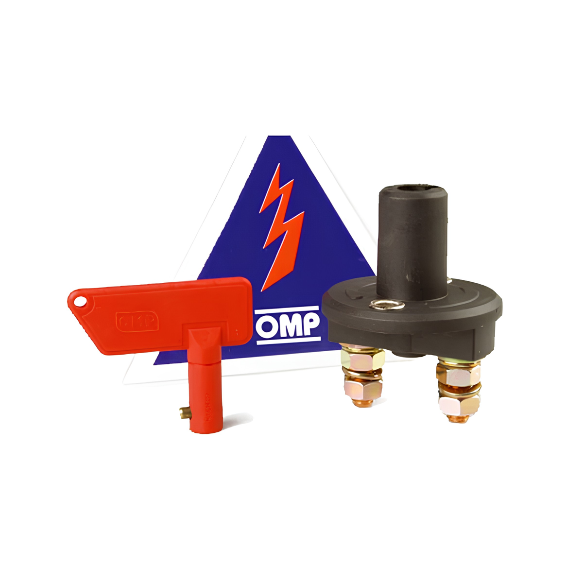 The OMP 2-Pole Battery Cutoff Switch is an OMP electrical safety component set featuring a red plastic switch, a black cylindrical terminal piece with brass screw terminals, and a blue triangular warning label with an orange lightning bolt and white OMP branding.