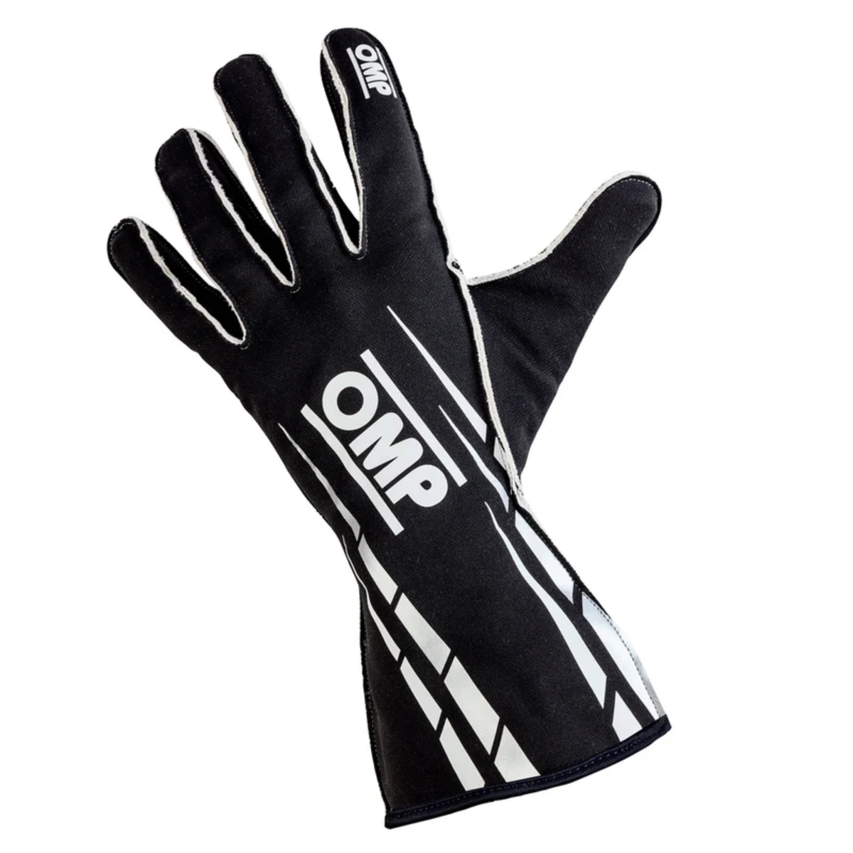 The OMP ARP Advanced Rain Proof Karting Gloves, a black OMP racing glove with white branding and geometric stripe patterns.
