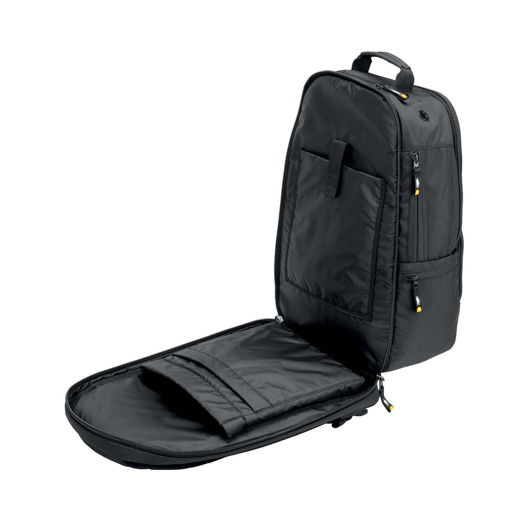 The black OMP Backpack, open, showing the internal storage.