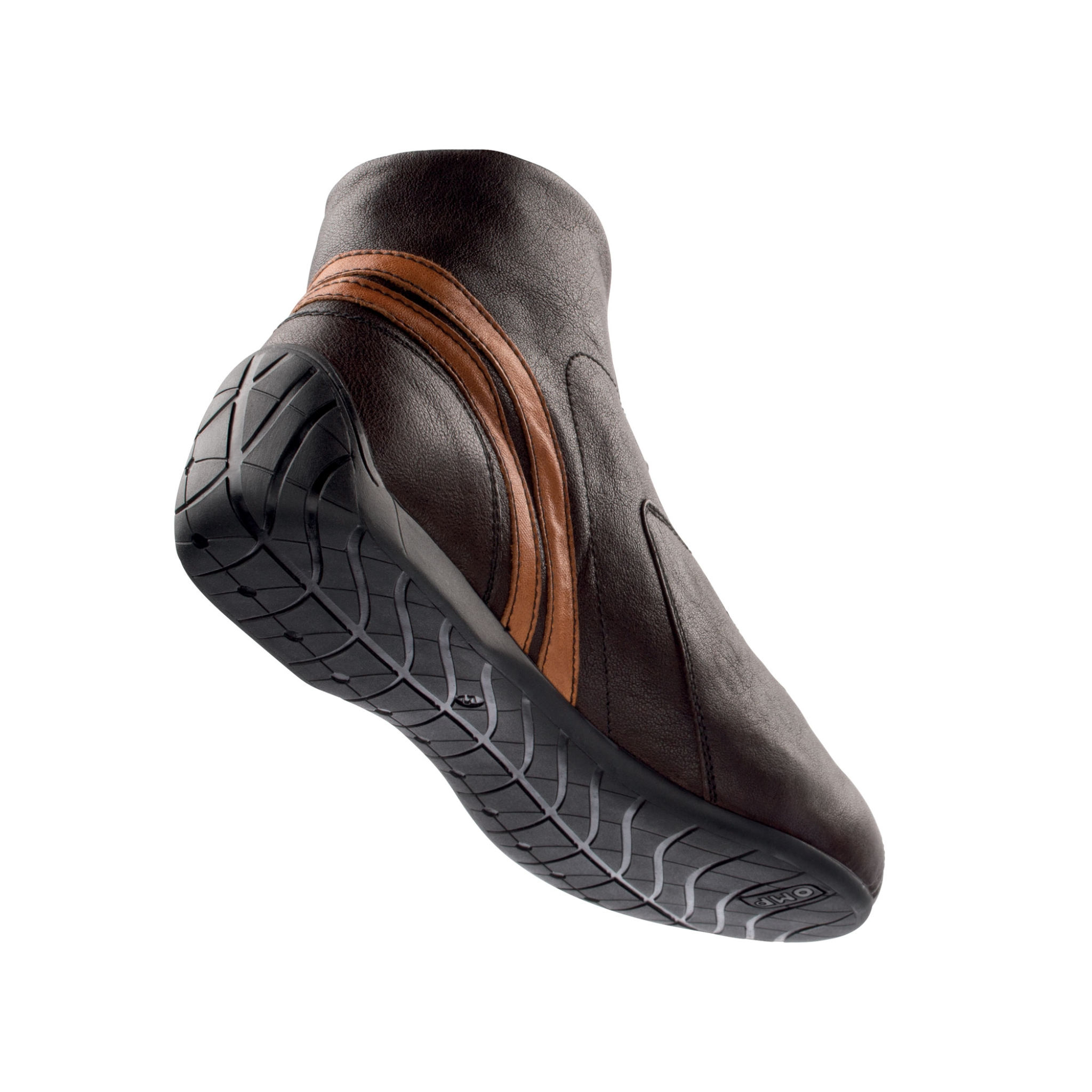 The bottom and inside of the dark brown OMP Carrera Low Racing Shoes.