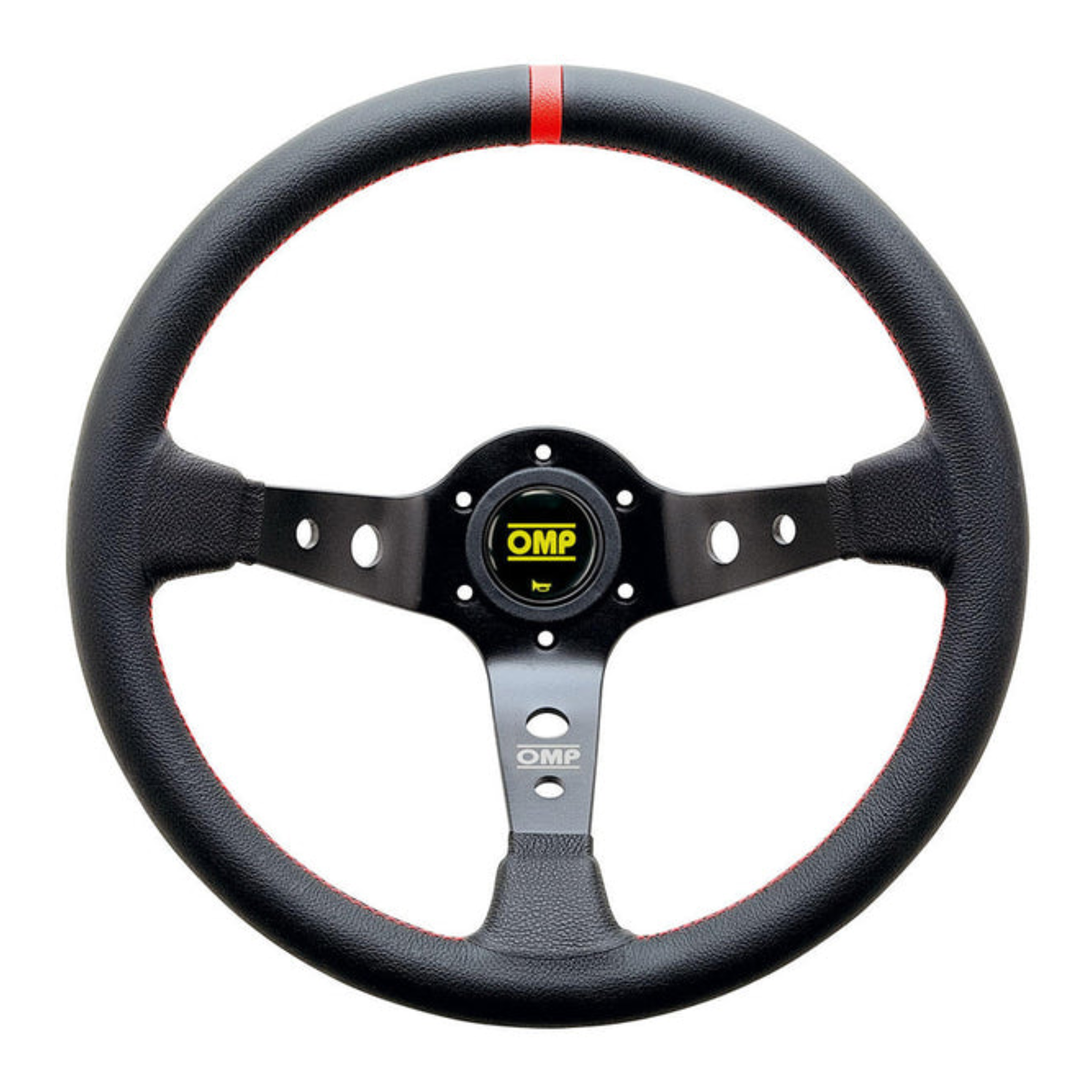 The black leather OMP Corsica Steering Wheel with red stitching.