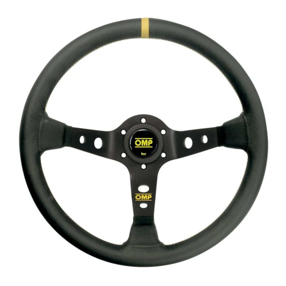 The black leather OMP Corsica Steering Wheel with yellow stitching.