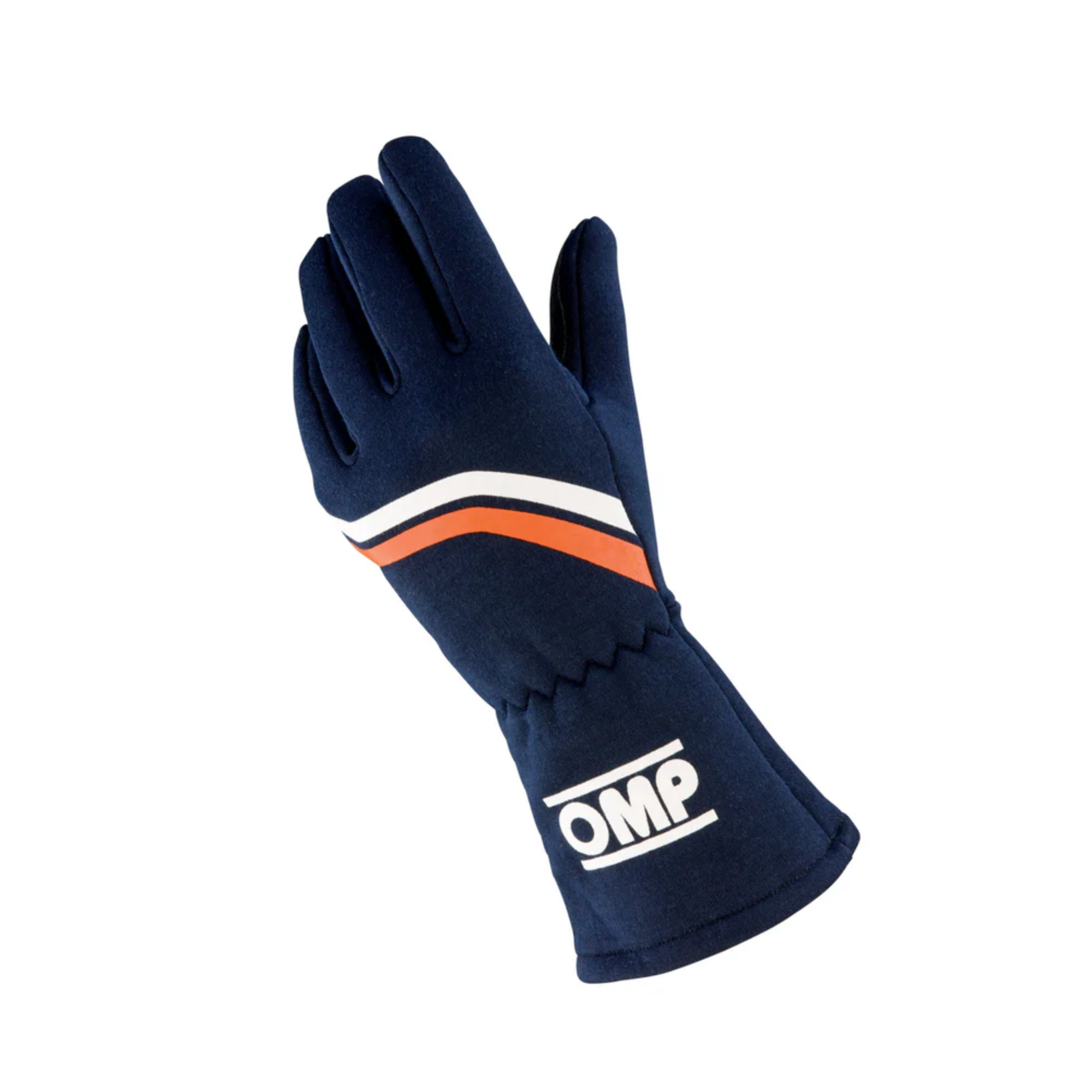 The back of the navy and orange OMP Dijon Racing Gloves from OMP.
