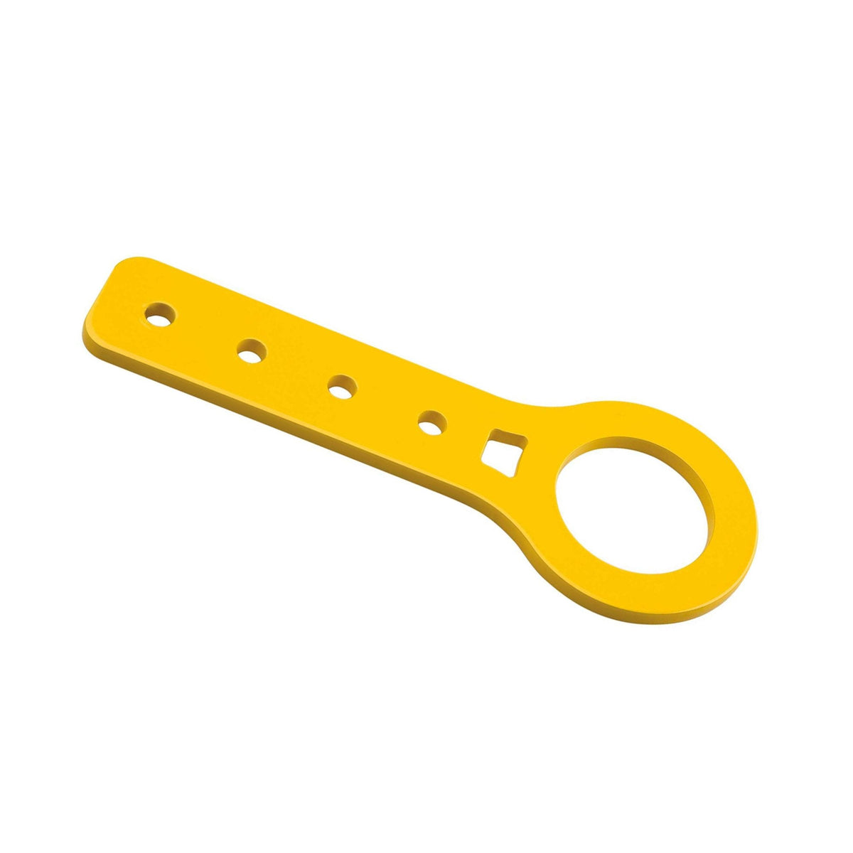 The yellow OMP EB/572 Aluminum Tow Hook.