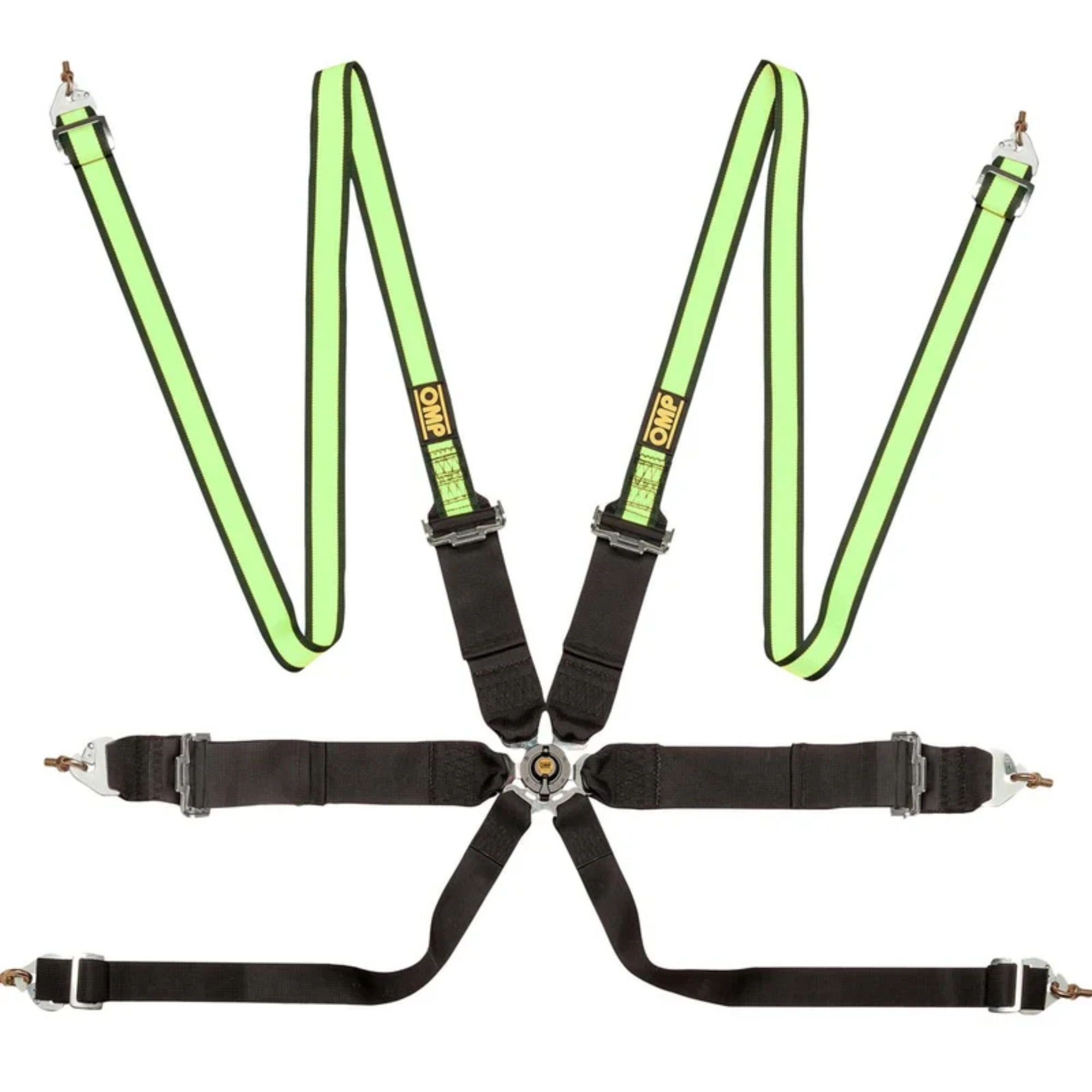 The FIA 8853-2016 rated black and yellow OMP First 3+2 Racing Harness.
