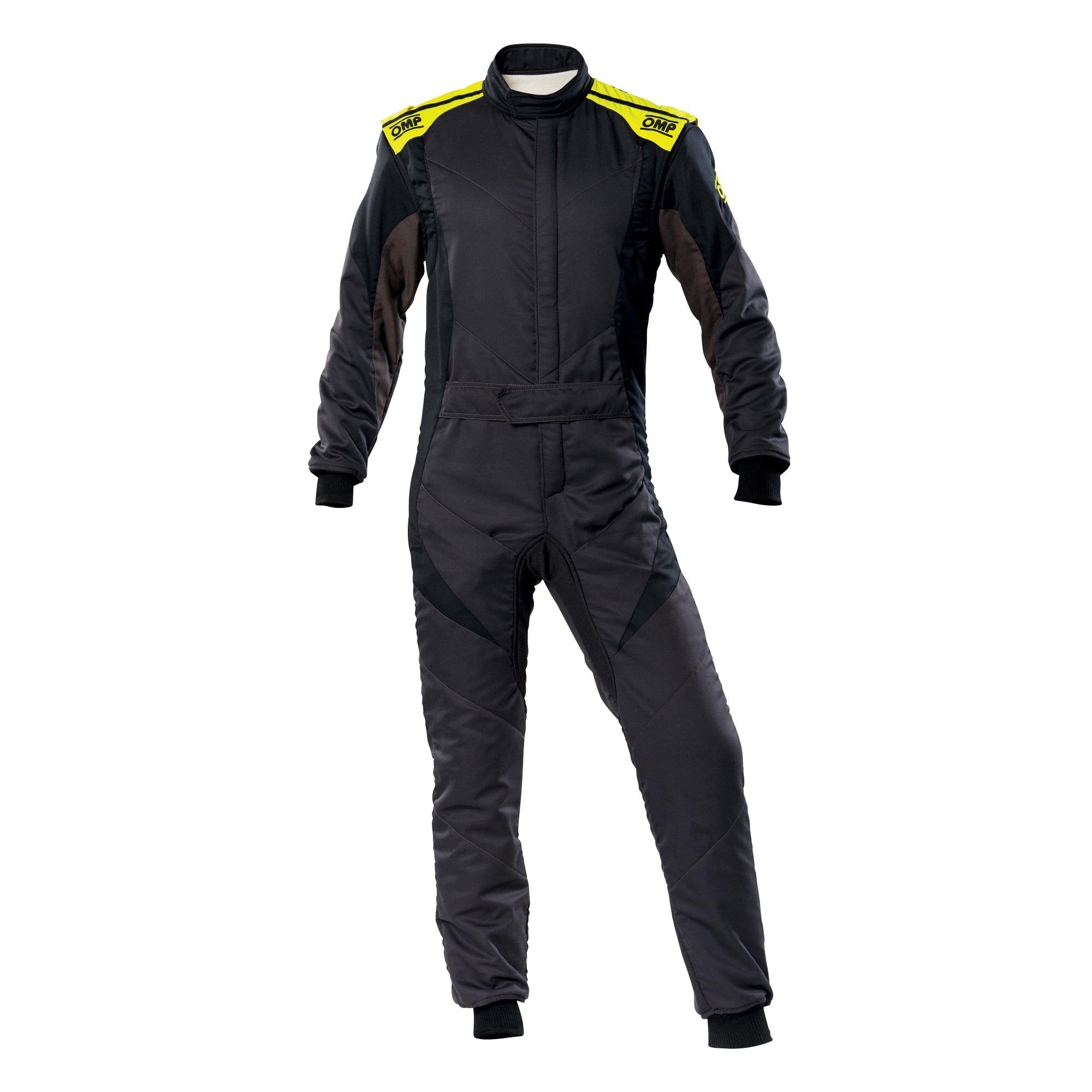 The 2024 model anthracite, black and yellow OMP First Evo Racing Suit.