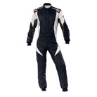 The 2024 model black and white OMP First Evo Racing Suit.