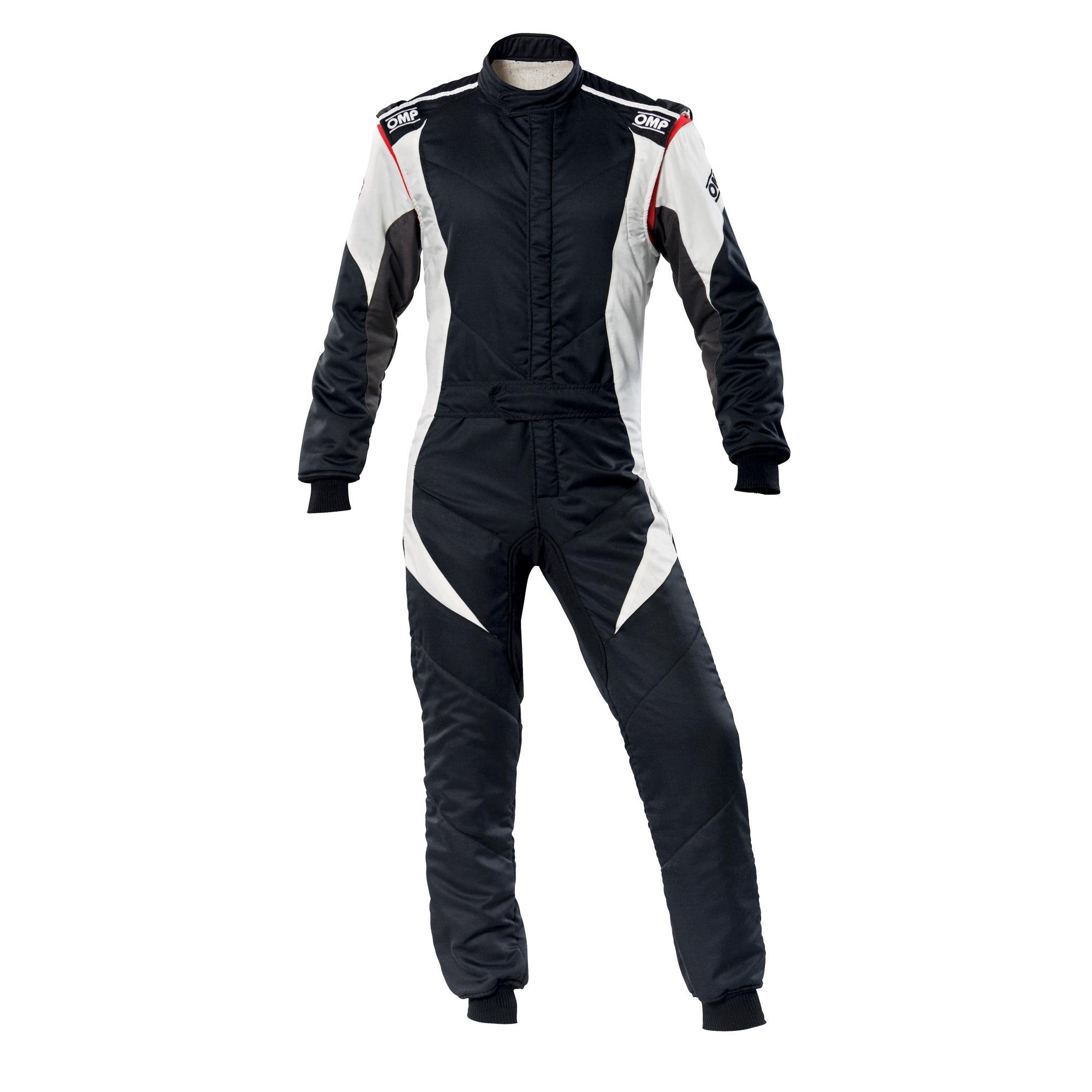 The 2024 model black and white OMP First Evo Racing Suit.