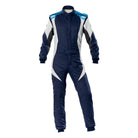The 2024 model navy, white and cyan OMP First Evo Racing Suit.
