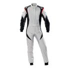 The 2024 model silver and black OMP First Evo Racing Suit.